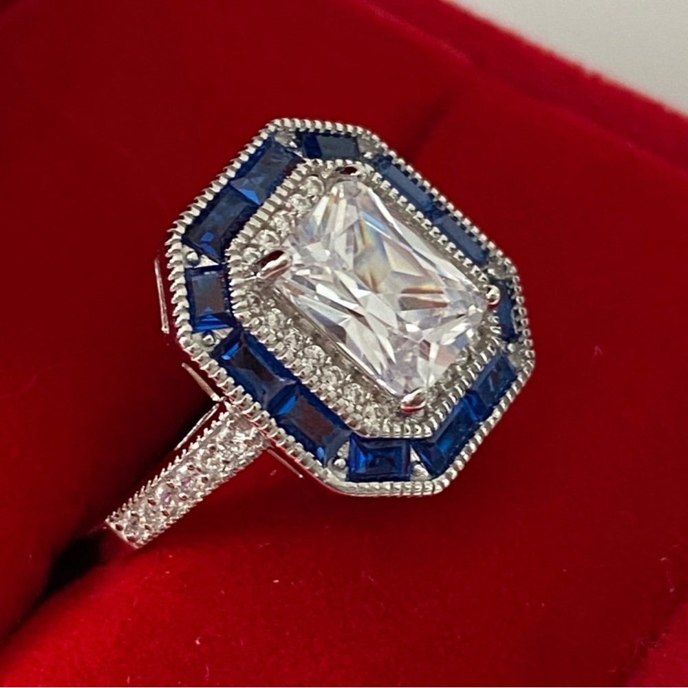 Sterling Silver Lab Sapphire Ring with Intricate Detailing Size 7 - Picture 10 of 15